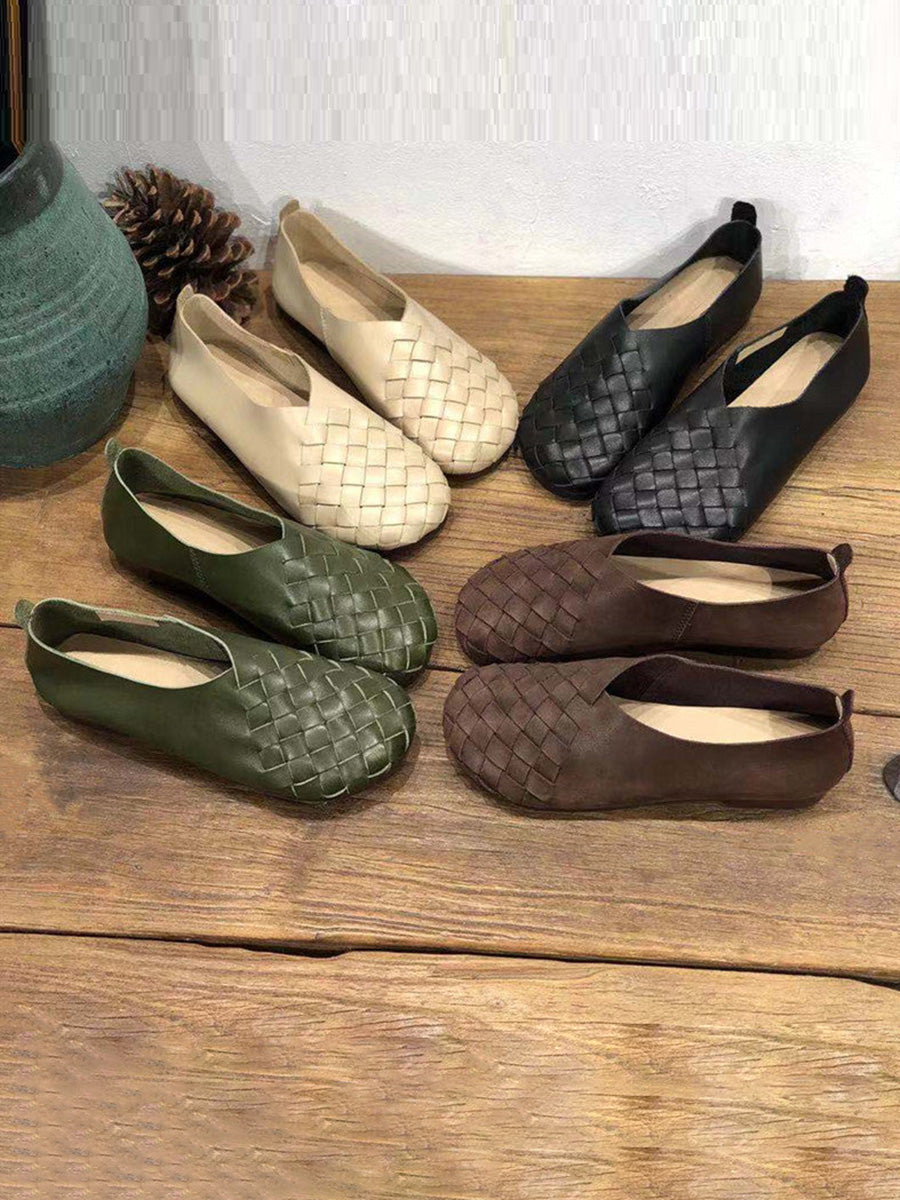 Leather Women Solid Color Woven Round Toe Flat Shoes