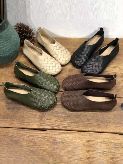 Leather Women Solid Color Woven Round Toe Flat Shoes