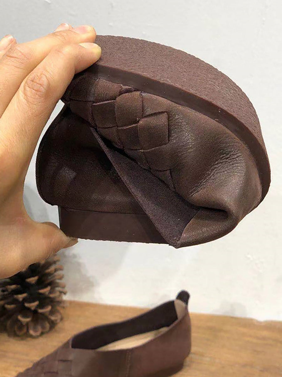 Leather Women Solid Color Woven Round Toe Flat Shoes