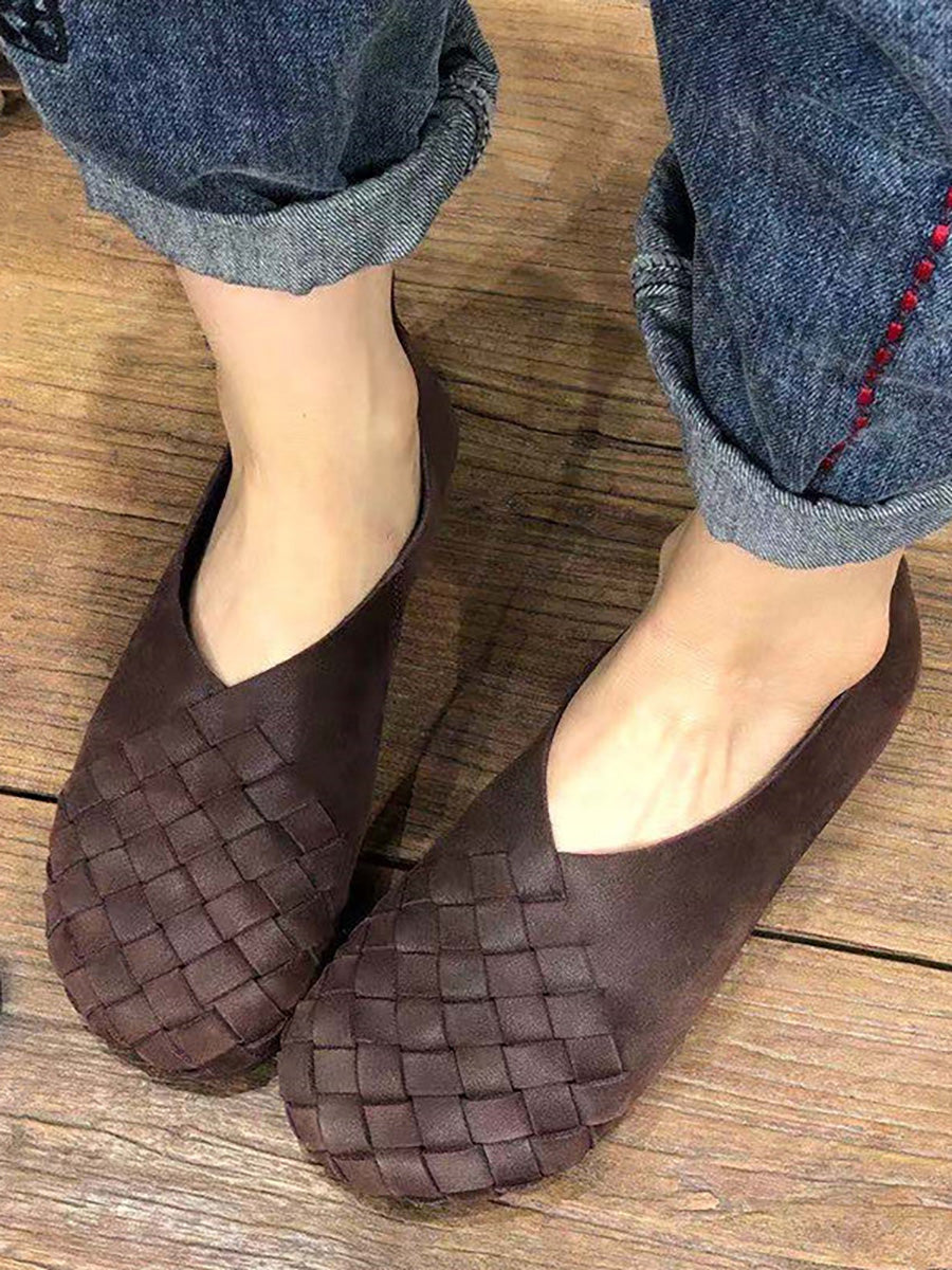 Leather Women Solid Color Woven Round Toe Flat Shoes