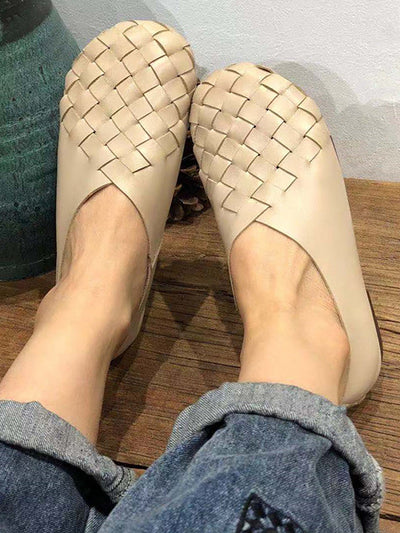Leather Women Solid Color Woven Round Toe Flat Shoes