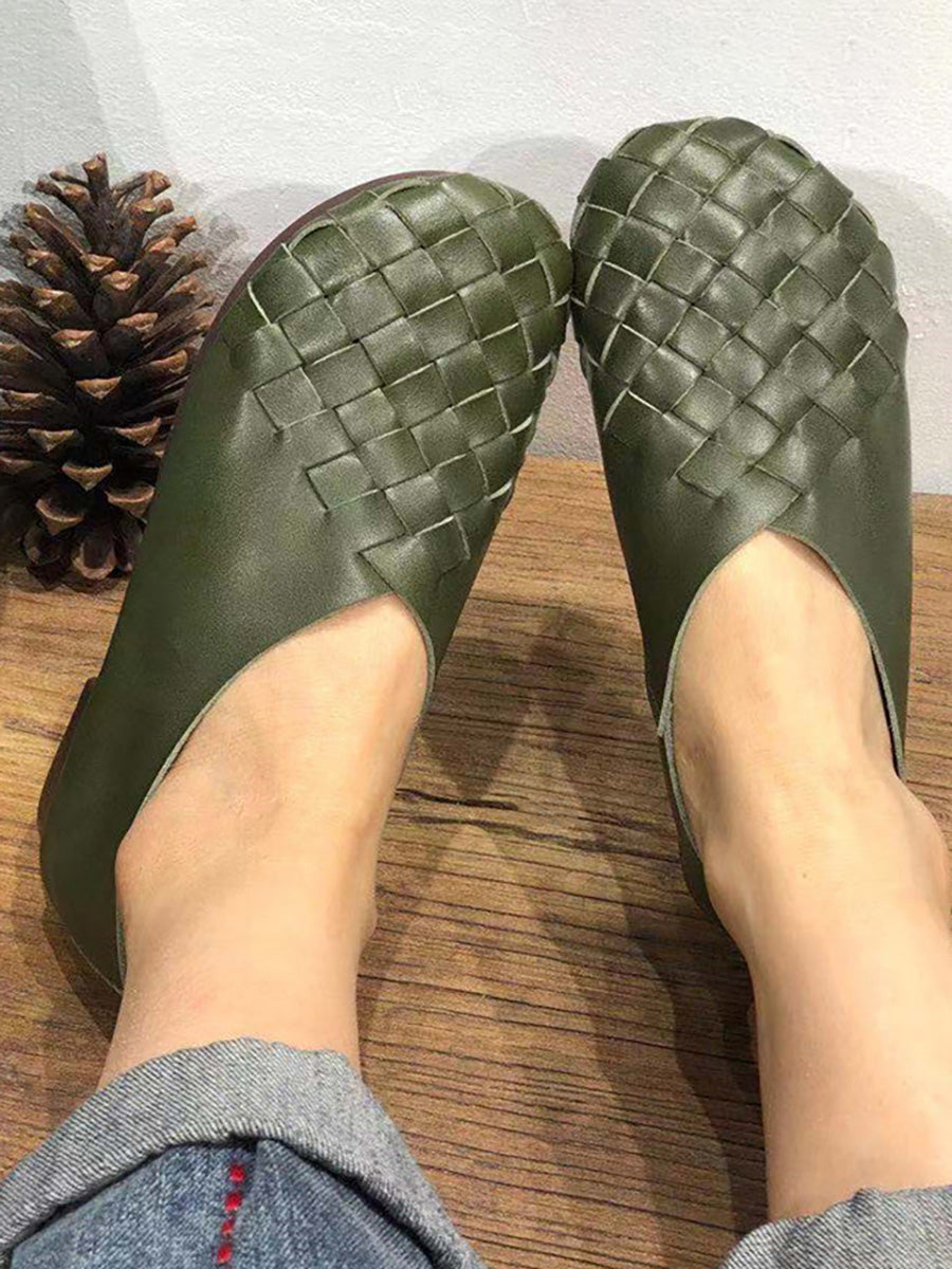 Leather Women Solid Color Woven Round Toe Flat Shoes
