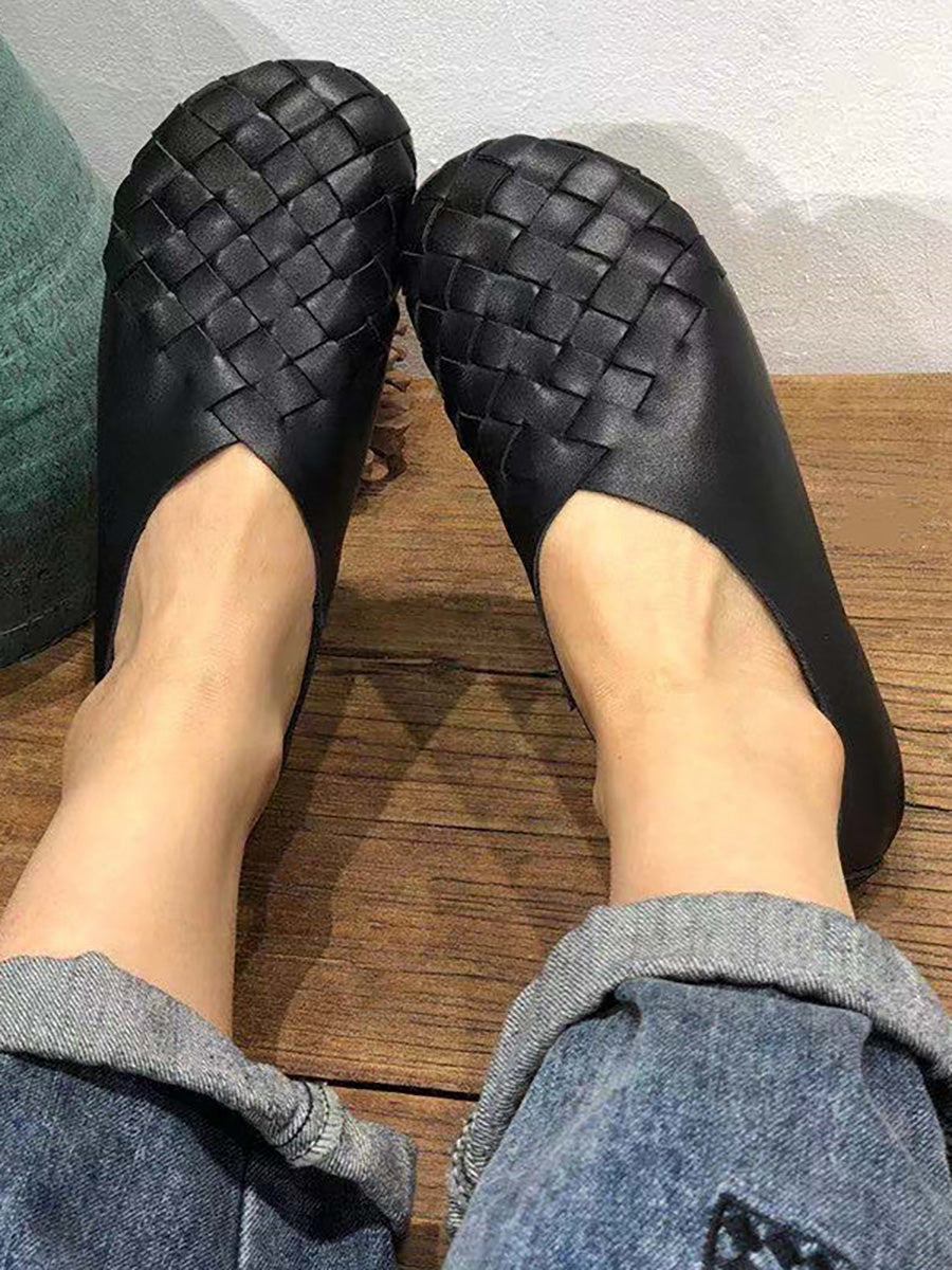 Leather Women Solid Color Woven Round Toe Flat Shoes