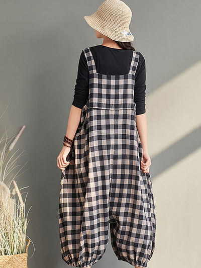 Plus Size Women Loose Casual Checkered Bib Overalls