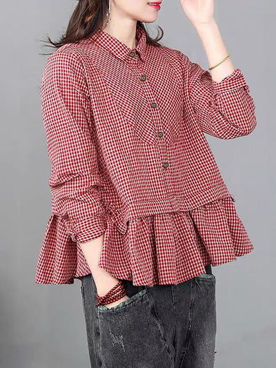 Plus Size Loose Plaid Ruffle Splicing Cotton Linen Shirt