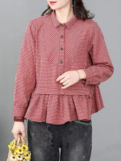 Plus Size Loose Plaid Ruffle Splicing Cotton Linen Shirt
