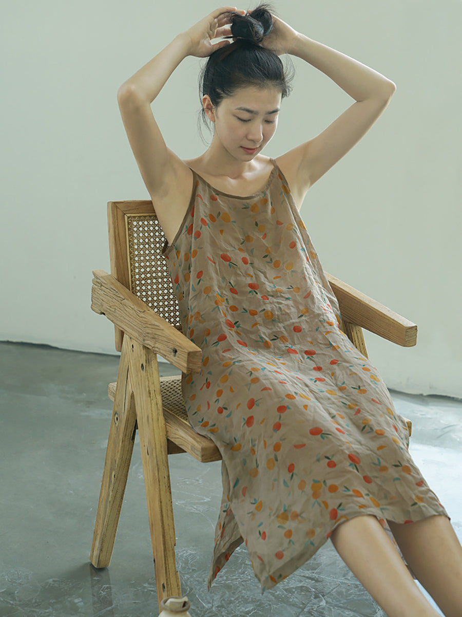 Plus Size Women Summer Vintage Floral Thin Ramie Vest Dress