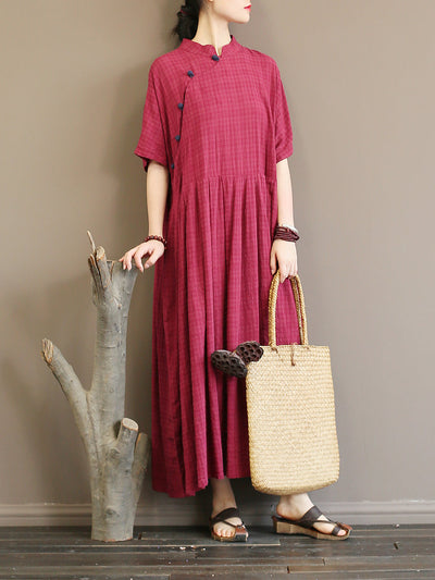 Plus Size Pleated Plaid Vintage Women Chinese Style Dress