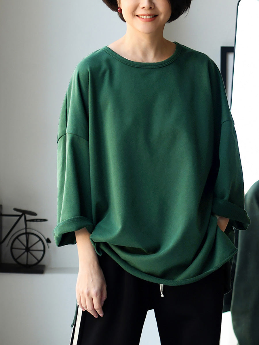 Plus Size Women Spring Casual Pure Color O-Neck Cotton Shirt