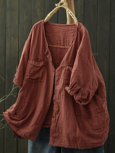 Plus Size Women Summer Worn Pure Color V-Neck Cotton Shirt
