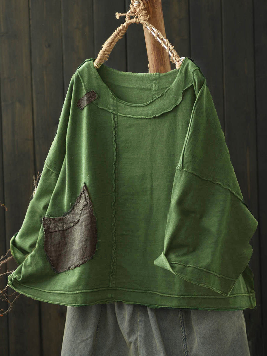 Plus Size Women Autumn Retro Pure Color Cotton Spliced O-Neck Shirt