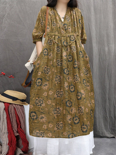 Women Summer Artsy Flower V-Neck 100%Ramie Dress
