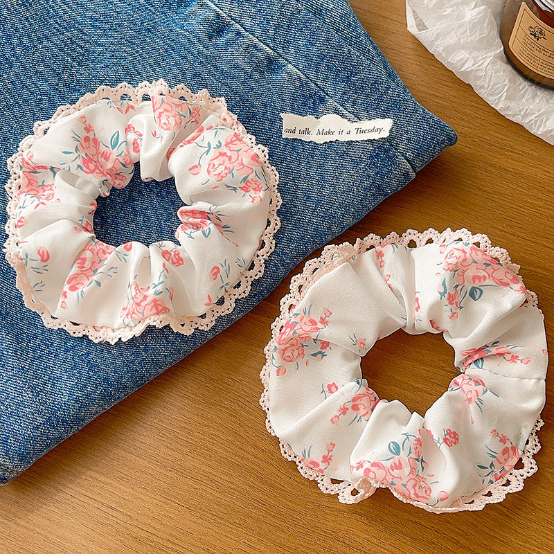 Women's Japanese Style Sweet Pastoral Flower Cloth Rib-Knit Lace Hair Tie