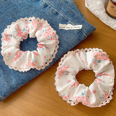 Women's Japanese Style Sweet Pastoral Flower Cloth Rib-Knit Lace Hair Tie