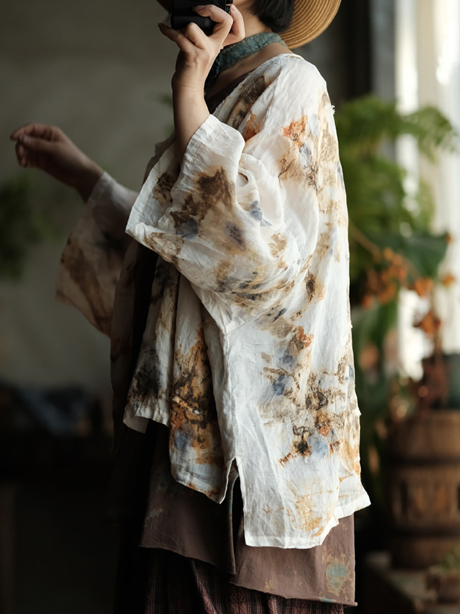 Women Summer Vintage Print O-Neck Thin Ramie Shirt