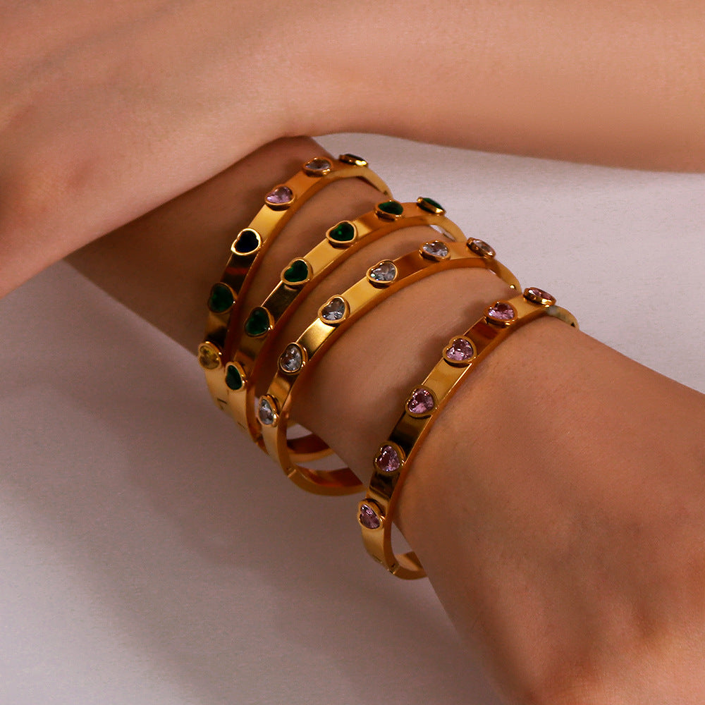 IG Style Shiny Heart Shape 304 Stainless Steel 18K Gold Plated Zircon Bangle In Bulk