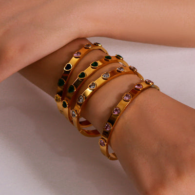 IG Style Shiny Heart Shape 304 Stainless Steel 18K Gold Plated Zircon Bangle In Bulk