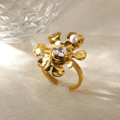 Jewelry IG Style Exaggerated Heart Shape Eye Solid Color 304 Stainless Steel Pearl Zircon Inlay Open Rings