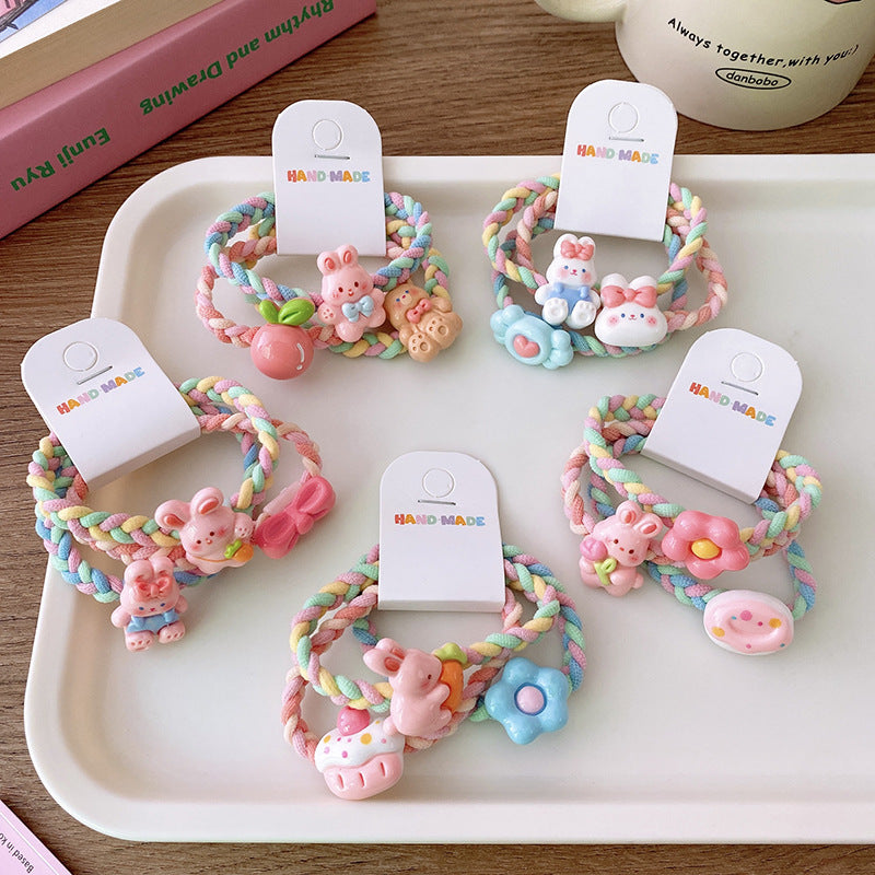 3 Sweet Fresh Ice Cream Color Cartoon Rabbit Flower Color Woven Ponytail Hair Ring Girl Student Hair Rope