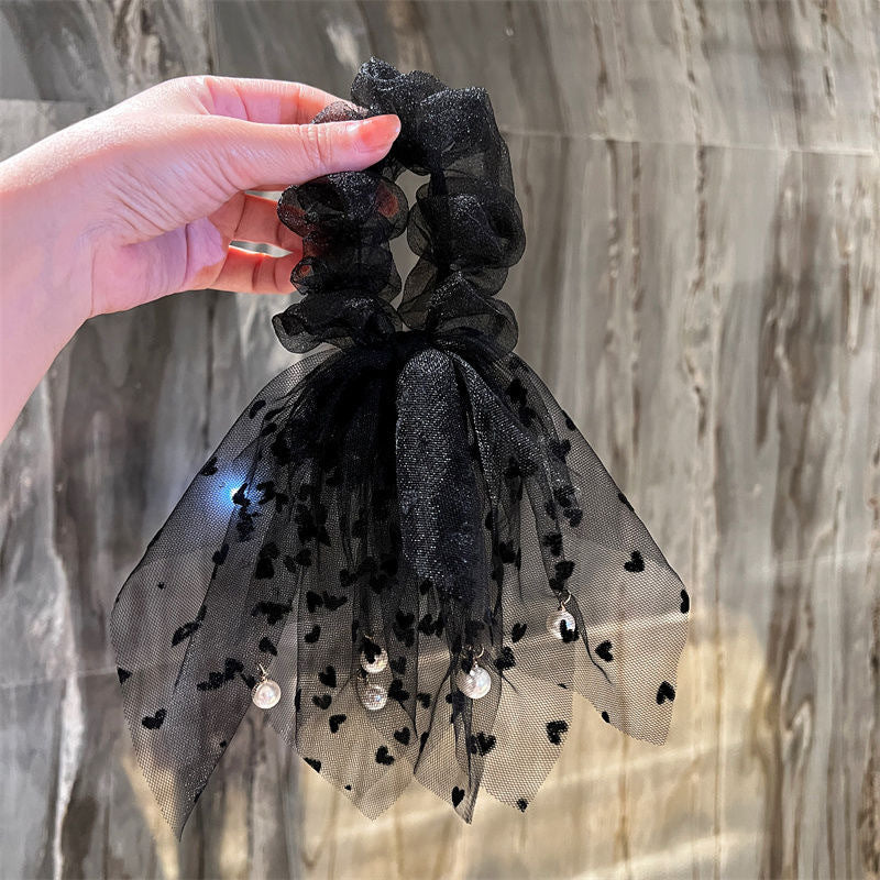 casual heart shape gauze tassel pearl hair tie