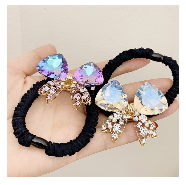 simple style bow knot alloy inlaid crystal hair tie