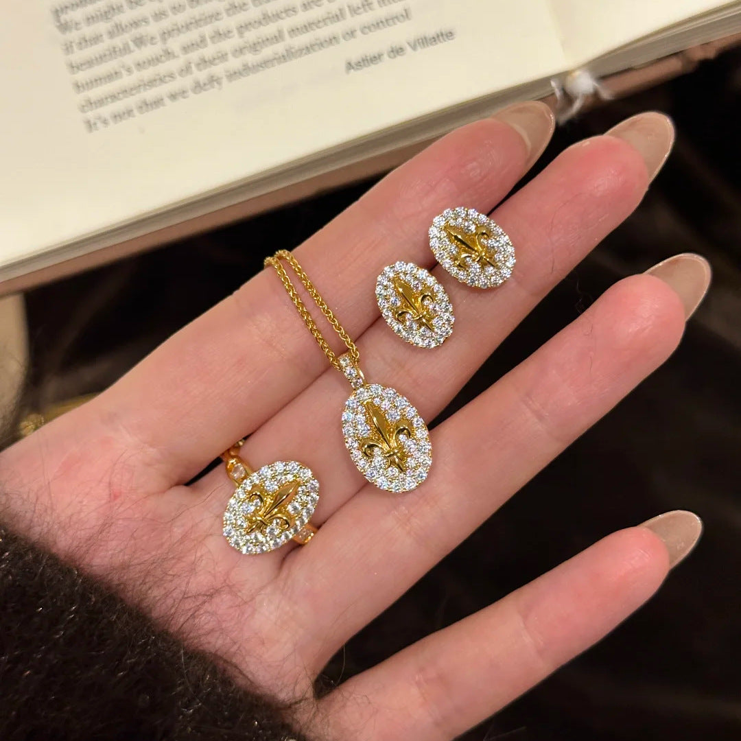 French retro premium iris pendant necklace light luxury ins flower stud earrings temperament diamond-set open ring