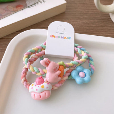 3 Sweet Fresh Ice Cream Color Cartoon Rabbit Flower Color Woven Ponytail Hair Ring Girl Student Hair Rope