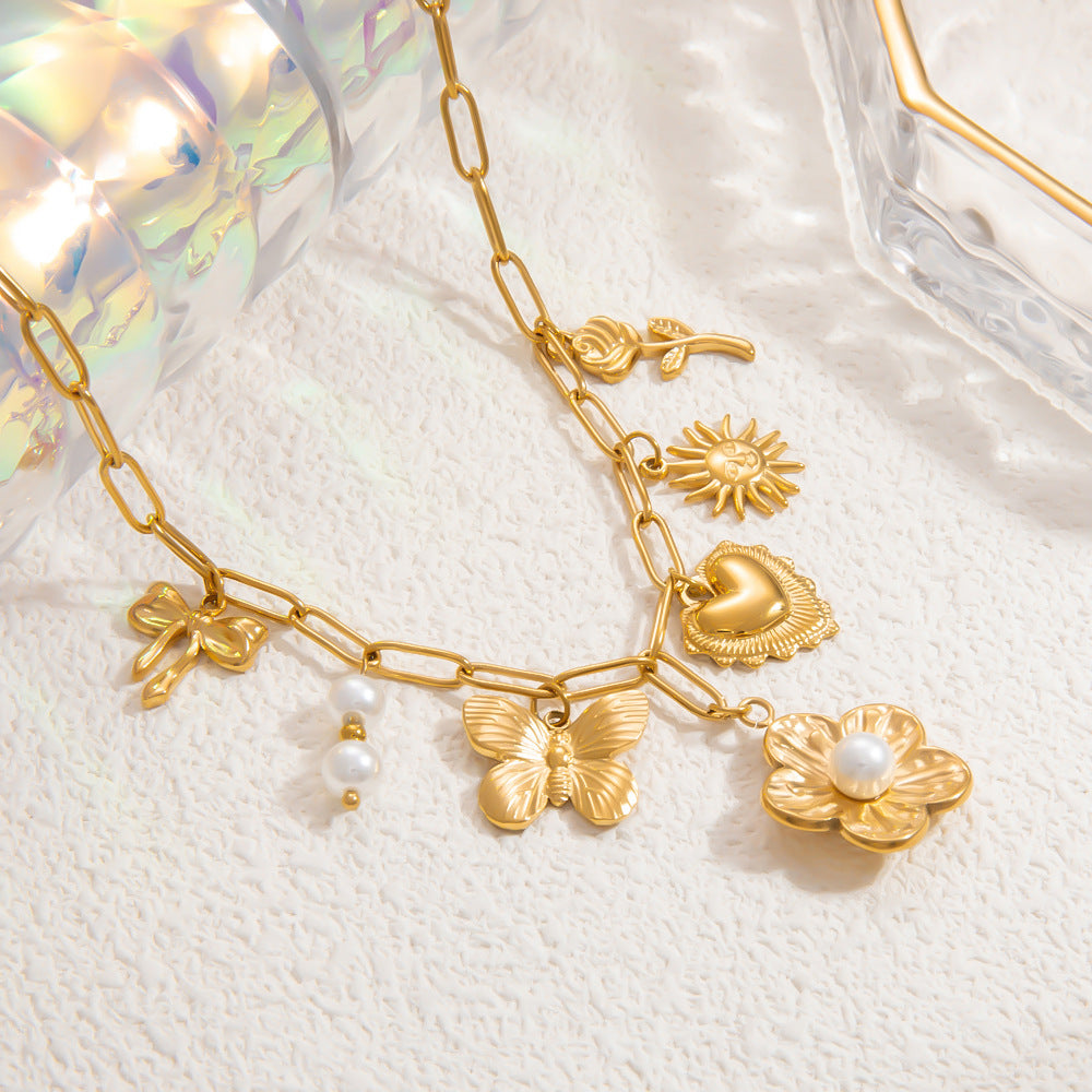 Jewelry Elegant Classic Style Heart Shape Flower 304 Stainless Steel Plating Multi Charms Necklace