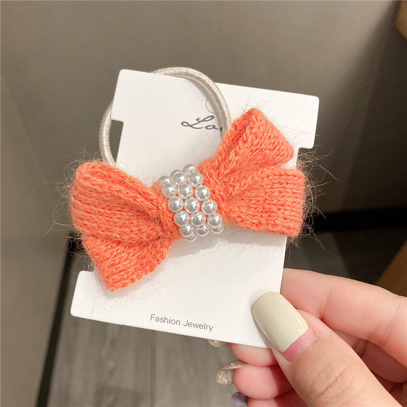 autumn and winter new bow wool simple headband female online influencer ins rubber band female hair tie pearl tie waist hair ring