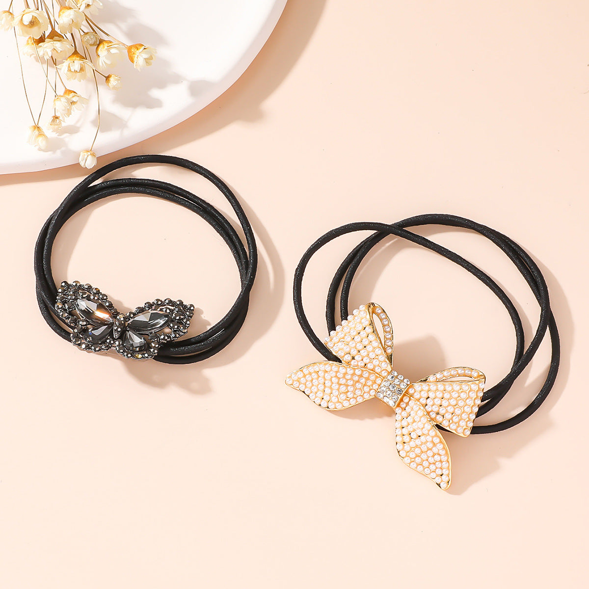 women's simple style butterfly bow knot alloy inlay rhinestones pearl hair tie