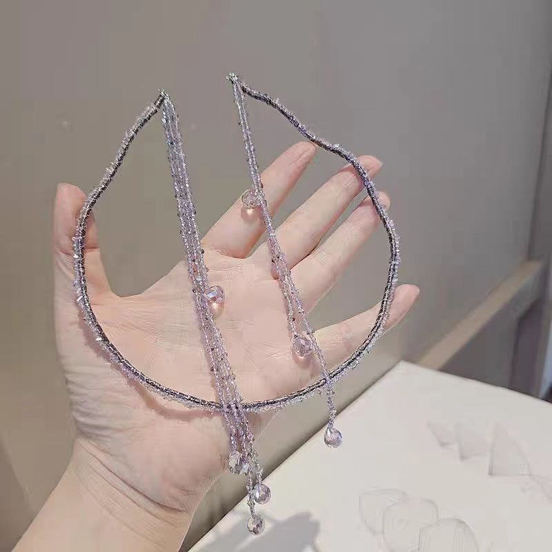 women's shiny solid color artificial crystal beaded tassel hair band