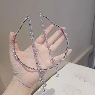 women's shiny solid color artificial crystal beaded tassel hair band