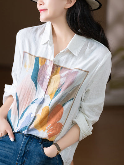 Women Autumn Artsy Flower 100%Cotton Turn-down Collar Shirt