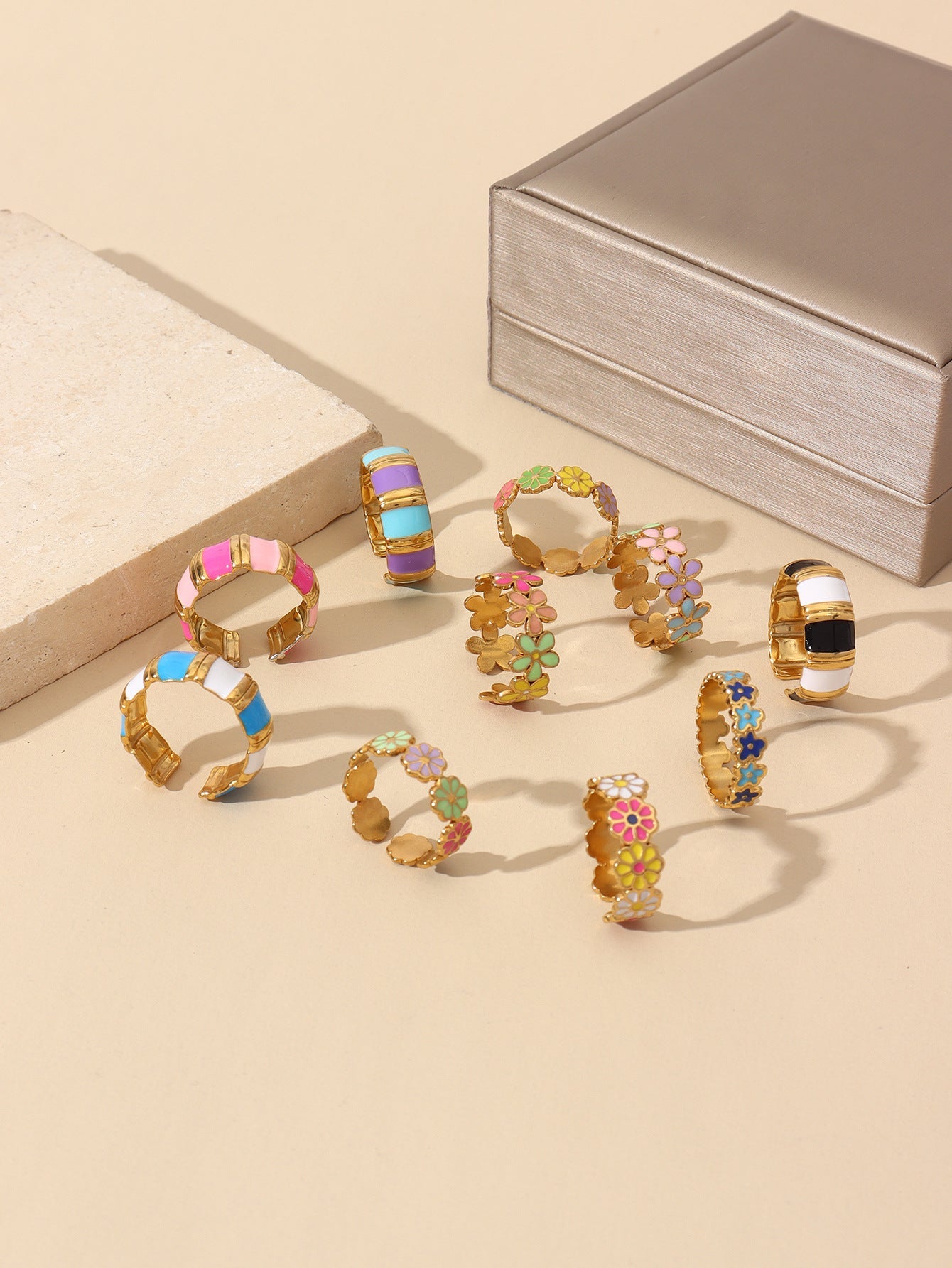 Jewelry Retro Sweet Stripe Flower 304 Stainless Steel Enamel Open Rings