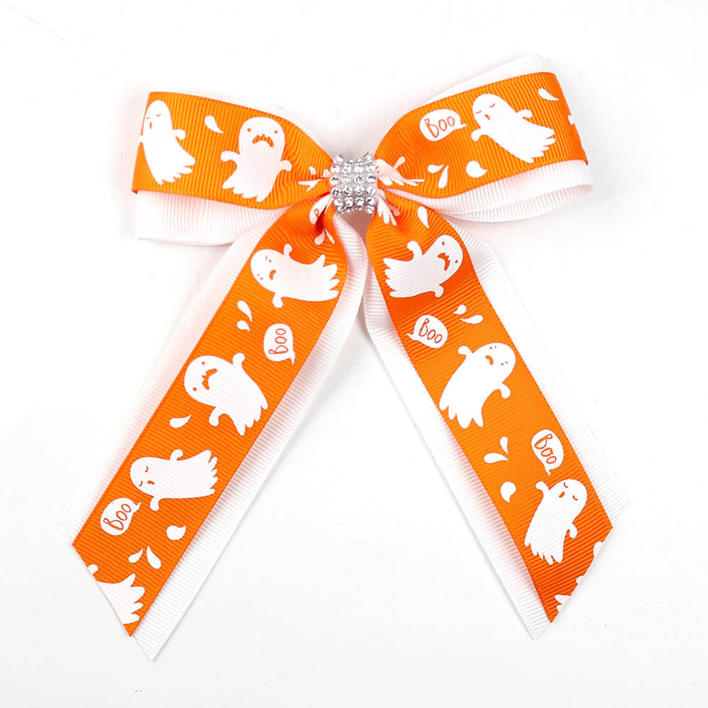 Girl'S Casual Pumpkin Bow Knot Ghost Cloth Inlay Rhinestones Hair Clip