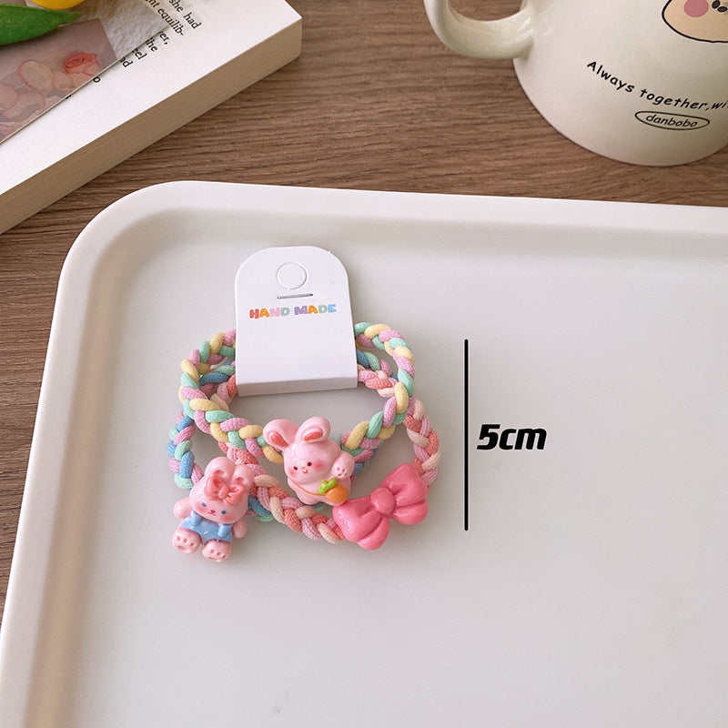 3 Sweet Fresh Ice Cream Color Cartoon Rabbit Flower Color Woven Ponytail Hair Ring Girl Student Hair Rope