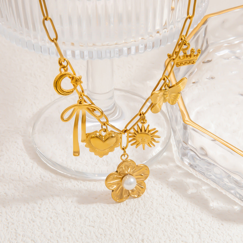 Jewelry Elegant Classic Style Heart Shape Flower 304 Stainless Steel Plating Multi Charms Necklace