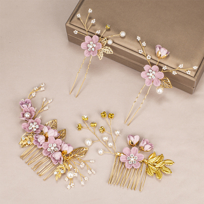 Women's IG Style Sweet Flower Cloth Metal Handmade Pearl Inlay Rhinestones Insert comb