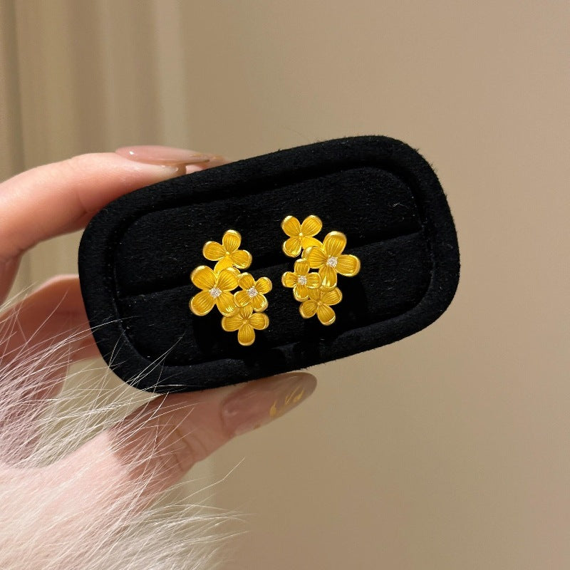 Light luxury retro brushed osmanthus diamond stud earrings bracelet necklace new Chinese style high-end exquisite jewelry set