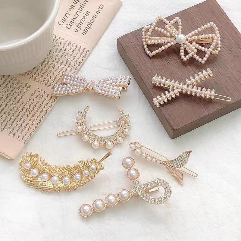 fashion leaf moon bow knot imitation pearl alloy rhinestone hair clip 1 piece