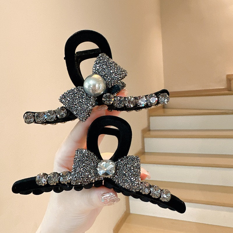 High-Grade Full Diamond Bow Hair Accessories Barrettes Women's Back Head Grip  Former Red Style Flocking Large Size Shark Clip