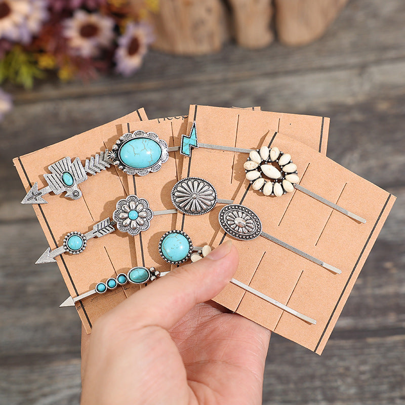 retro solid color alloy plating inlay turquoise hair clip