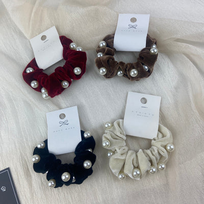 elegant solid color artificial pearl flannel hair tie