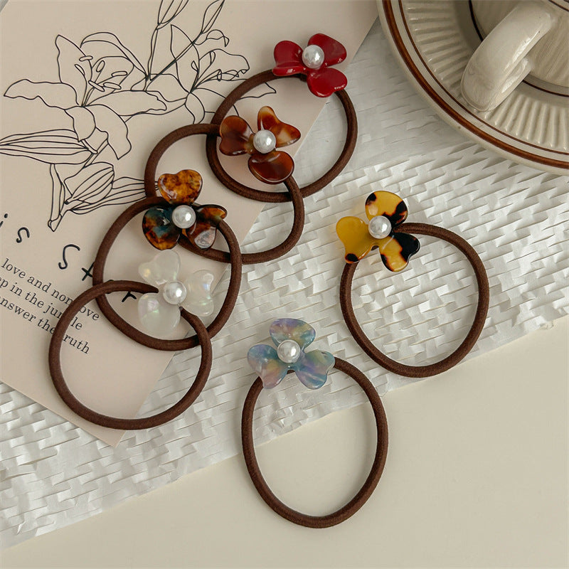 Women's Sweet Flower Acetic acid sheets Pearl Hair Tie