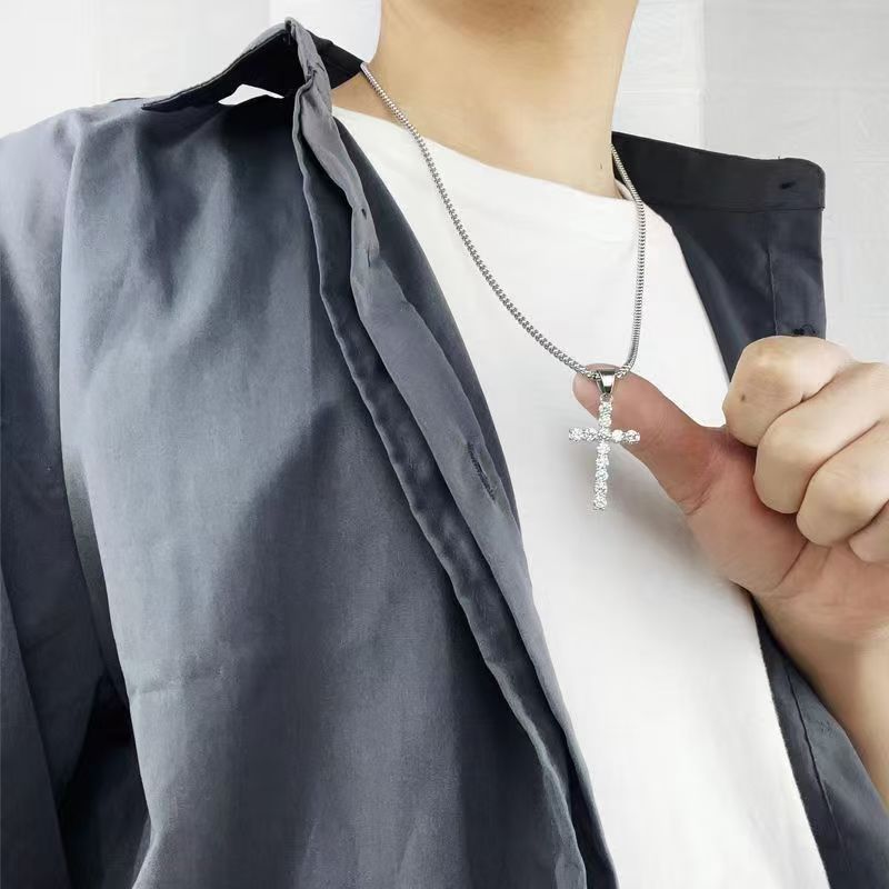 Jewelry IG Style Shiny Cross Titanium Steel Zircon Polishing Inlay Pendant Necklace