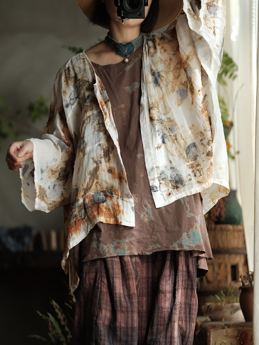 Women Summer Vintage Print O-Neck Thin Ramie Shirt