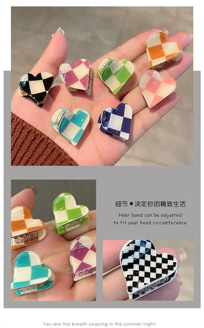 fashion heart checkerboard forehead mini grab clip side hairpin