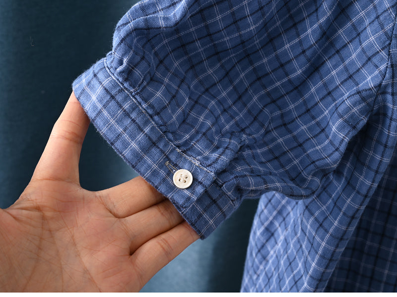 Women Summer Plaid Stand Collar 100%Cotton Shirt