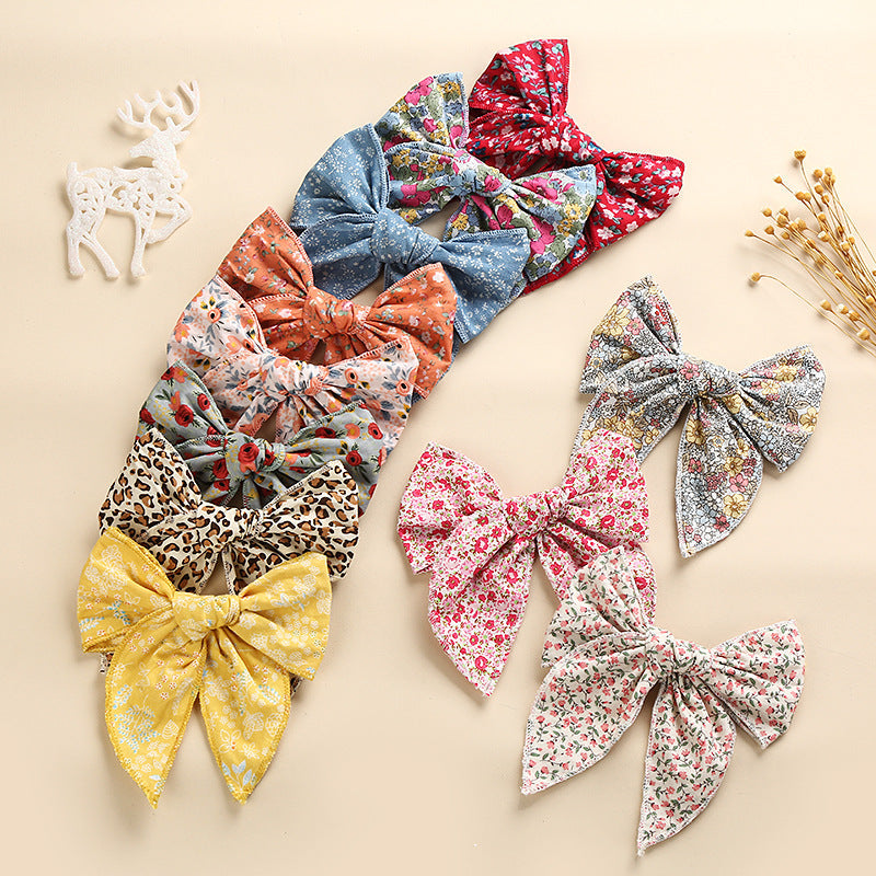spring new cotton print hairpin children girl bow ponytail hairpin