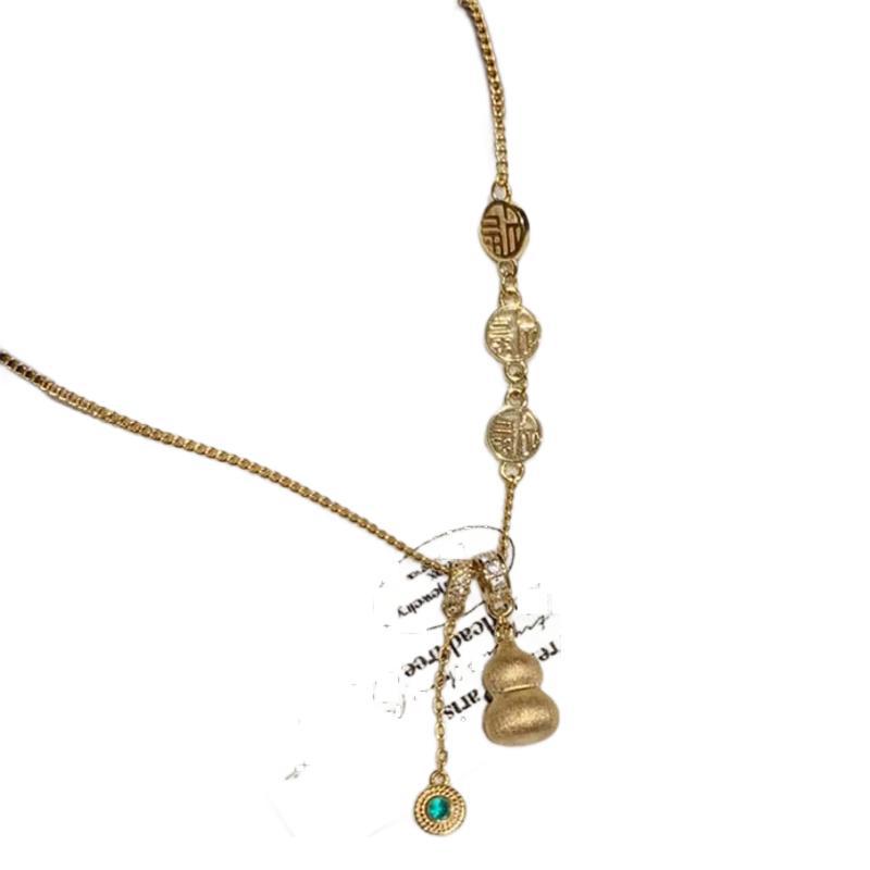 Gold-plated brushed craft lucky gourd necklace, women's yellow-gold Fulu tassel pendant, collarbone chain, gift for girlfriend